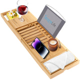 SereneLife Luxury Bamboo Bathtub Caddy Tray - Adjustable Natural Wood Bath Tub Organizer with Wine Holder, Cup Placement, Soap Dish, Book Space & Phone Slot for Spa, Bathroom & Shower - SLBCAD20 SereneLife