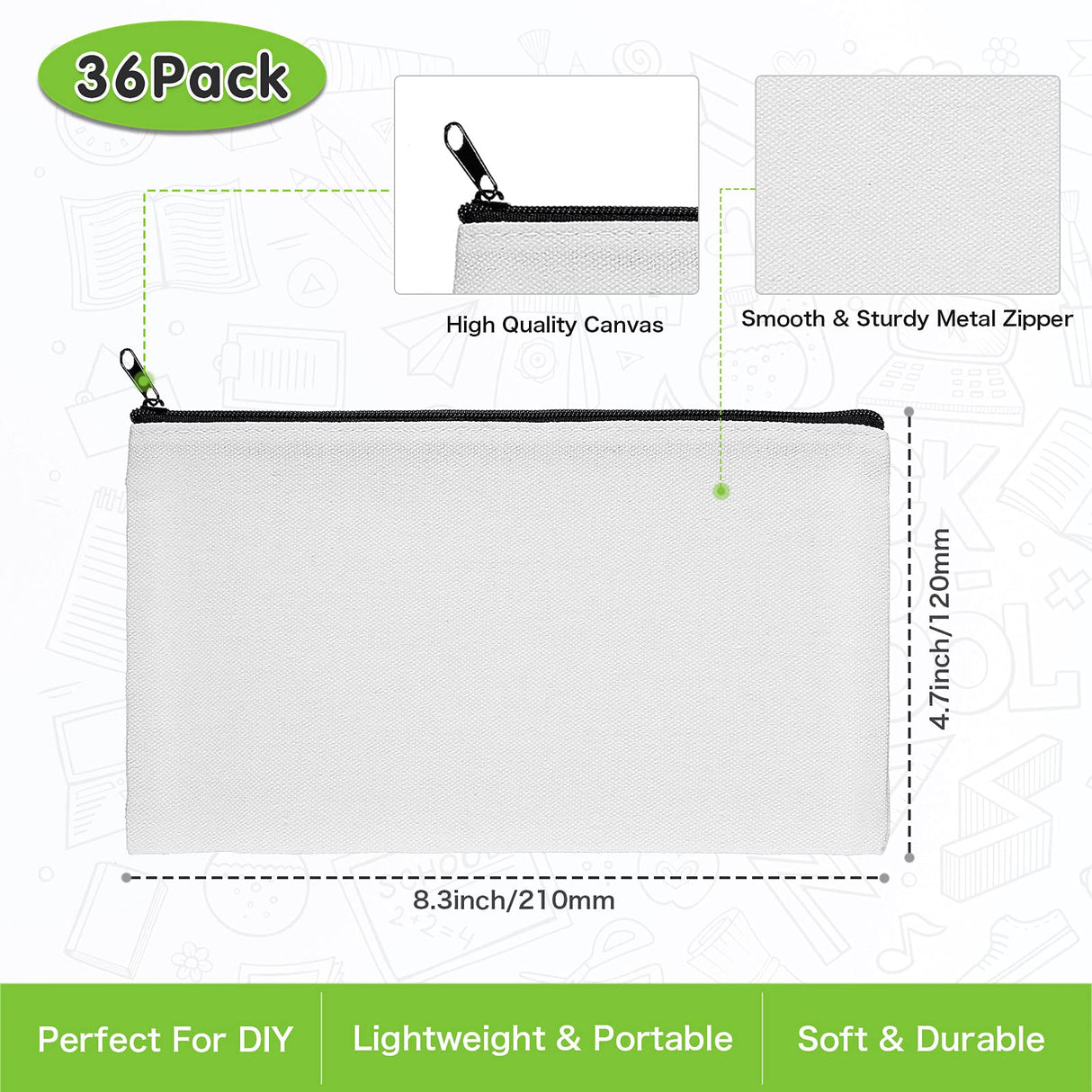 Sublimation Blank Bag Canvas Zipper Pouch Blank Makeup Bag Canvas Double-side Blank Pencil Case Bags for Painting DIY, 8.3 x 4.7 Inches(24 Pieces) Tenare