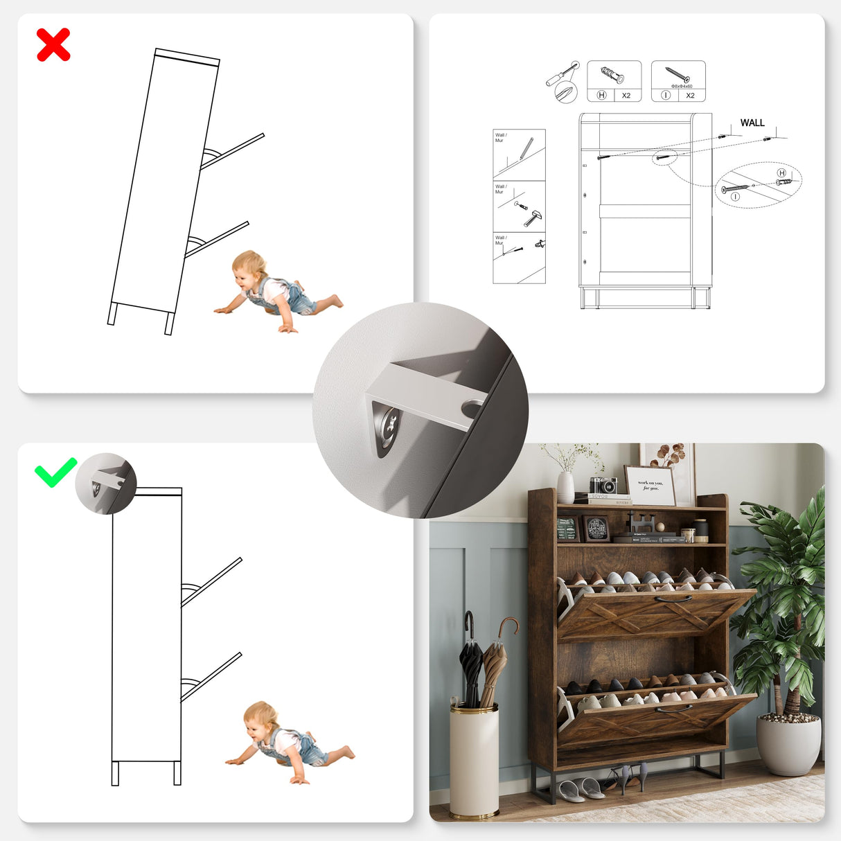 Maupvit Narrow Shoe Cabinet with 2 Flip Drawers, Shoe Storage Cabinet for Entryway, Freestanding Shoe Cabinet Organizer with Open Storage, Farmhouse Shoe Rack with Metal Legs (Brown) Maupvit