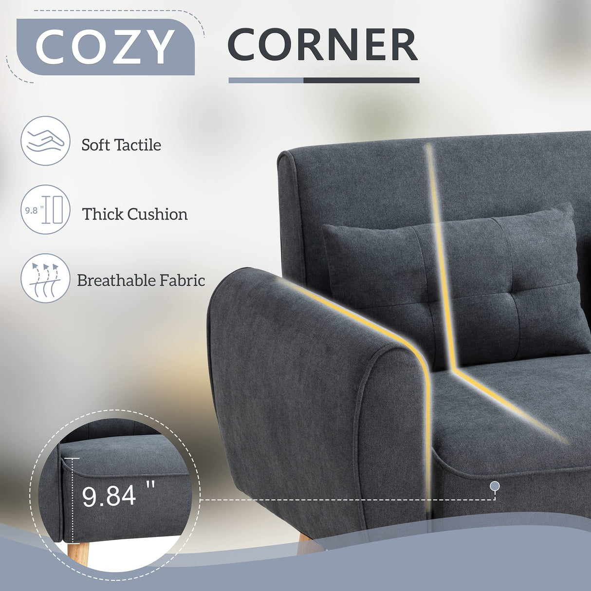 Shintenchi 47" Modern Linen Loveseat Sofa with 2 Pillows - Dark Grey | Compact, Stylish & Comfortable for Apartments, Studios & Small Spaces Shintenchi