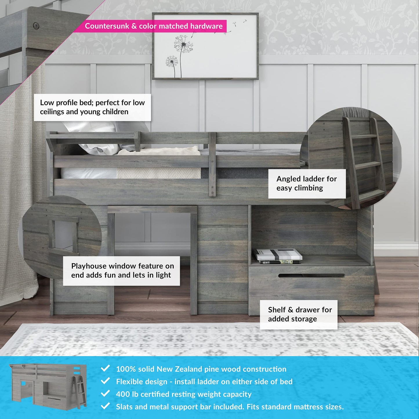 Max & Lily Driftwood Low Loft Bed Twin Size with Storage Drawer and Ladder