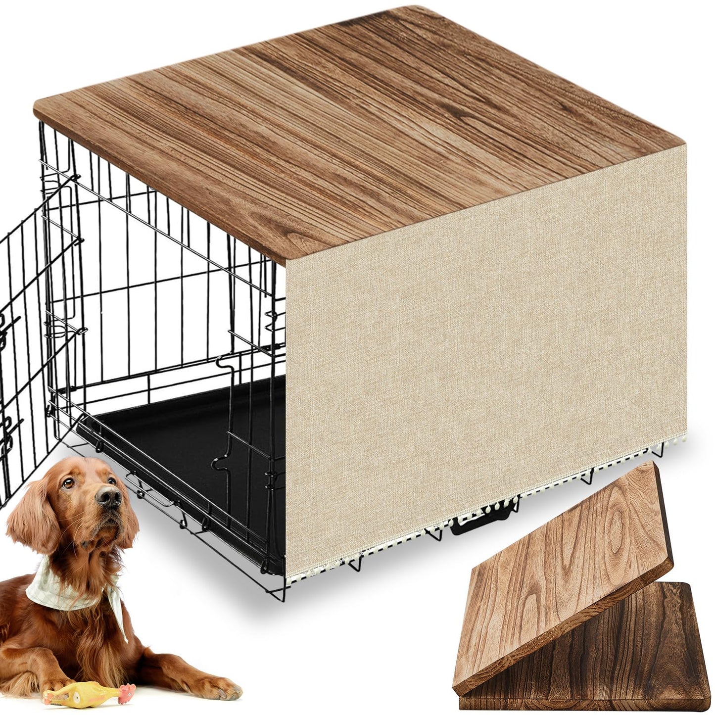 Wenqik Dog Crate Topper Wood for 36 Inch Cages Pet Crate Table Topper with Tassel Curtain Collapsible Wire Dog Crate Table Top Rustic Kennel Dog Crate Cover Wood, (Dog Crate Not Include) - WoodArtSupply