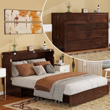 TrendTerrace Solid Wood Murphy Bed Queen: Murphy Chest Queen Deep Brown Red Murphy Bed Cabinet with USB Port, Wall Murphy Chest with Large Drawer for Home/Guest Room (Without Mattress) TrendTerrace