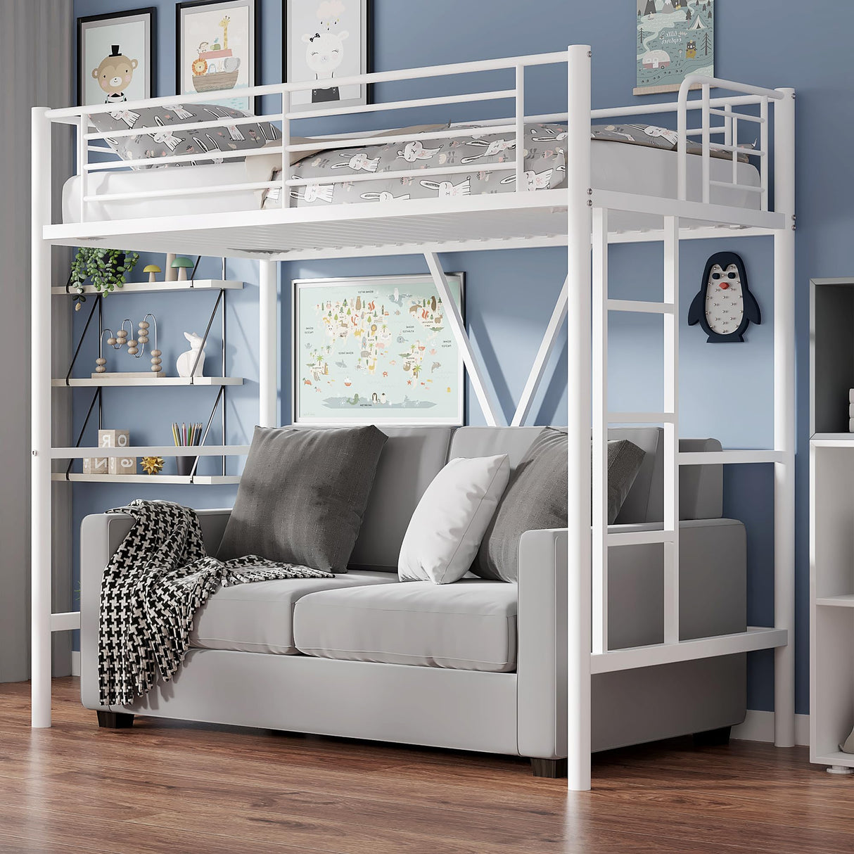VECELO Twin Size Loft Bed with Full-Length Guardrails and Removable Ladder, Heavy-Duty Metal Frame, Space-Saving Design & Noise-Free, White VECELO