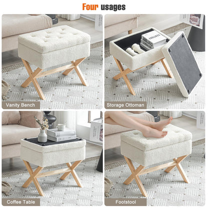 Furniliving Faux Fur Foot Stool Chair, 15” L x 20.5” W x19” H Square Ottoman with Storage, Vanity Stool with Wooden X Legs, Modern Footstool Foot Rest for Makeup Room, Bathroom, Bedroom (IvoryWhite)