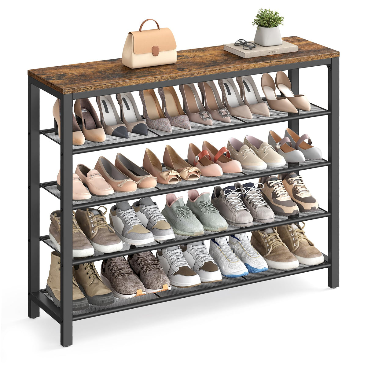 VASAGLE Shoe Rack, 5-Tier Shoe Storage Organizer with 4 Metal Mesh Shelves for 16-20 Pairs and Large Surface for Bags, for Entryway, Hallway, Closet, Industrial, Rustic Brown and Black ULBS15BX VASAGLE