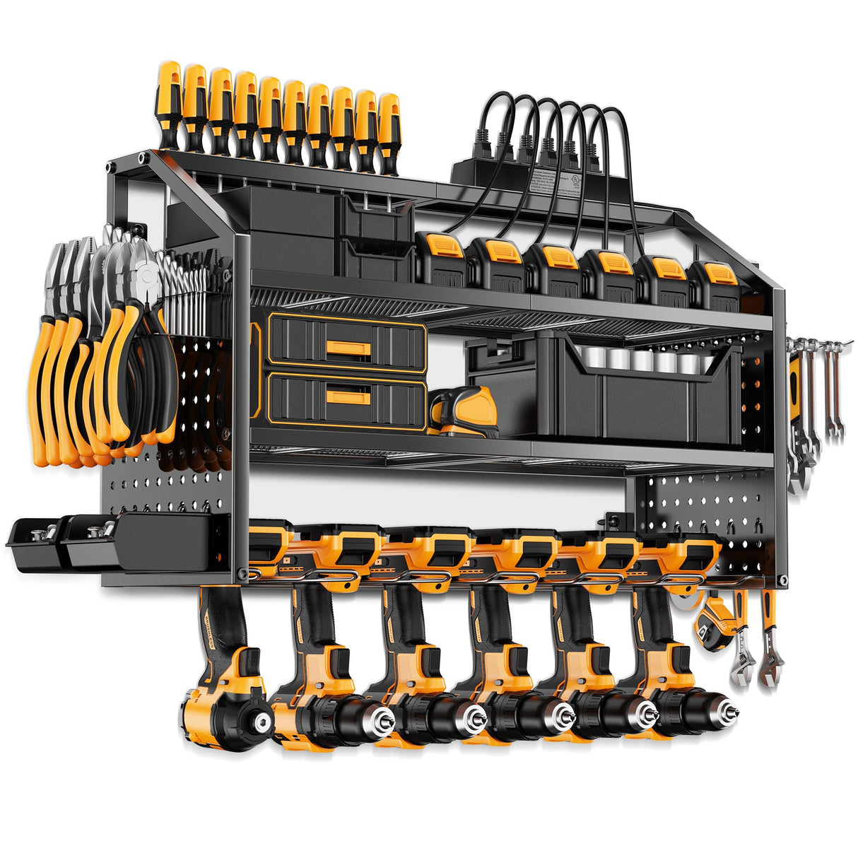 LBT 4 Layer Power Tool Organizer Wall Mount With Charging Station, Patented, 6 Outlet Power Strip, 6 Drill Holder, Heavy Duty Metal Garage Tool Storage Rack, Gifts For Men Fathers Day LBT