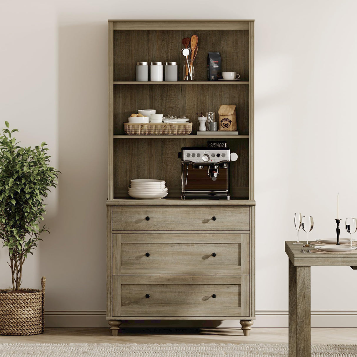 WAMPAT 72" Tall Bookcase Large Display Book Case Shelf with 3-Tier Open Book Shelfs, 3 Tier Farmhouse Style Bookshelf with 3 Drawers, Wood Bookshelves for Living Room or Study Room, Wash Grey WAMPAT