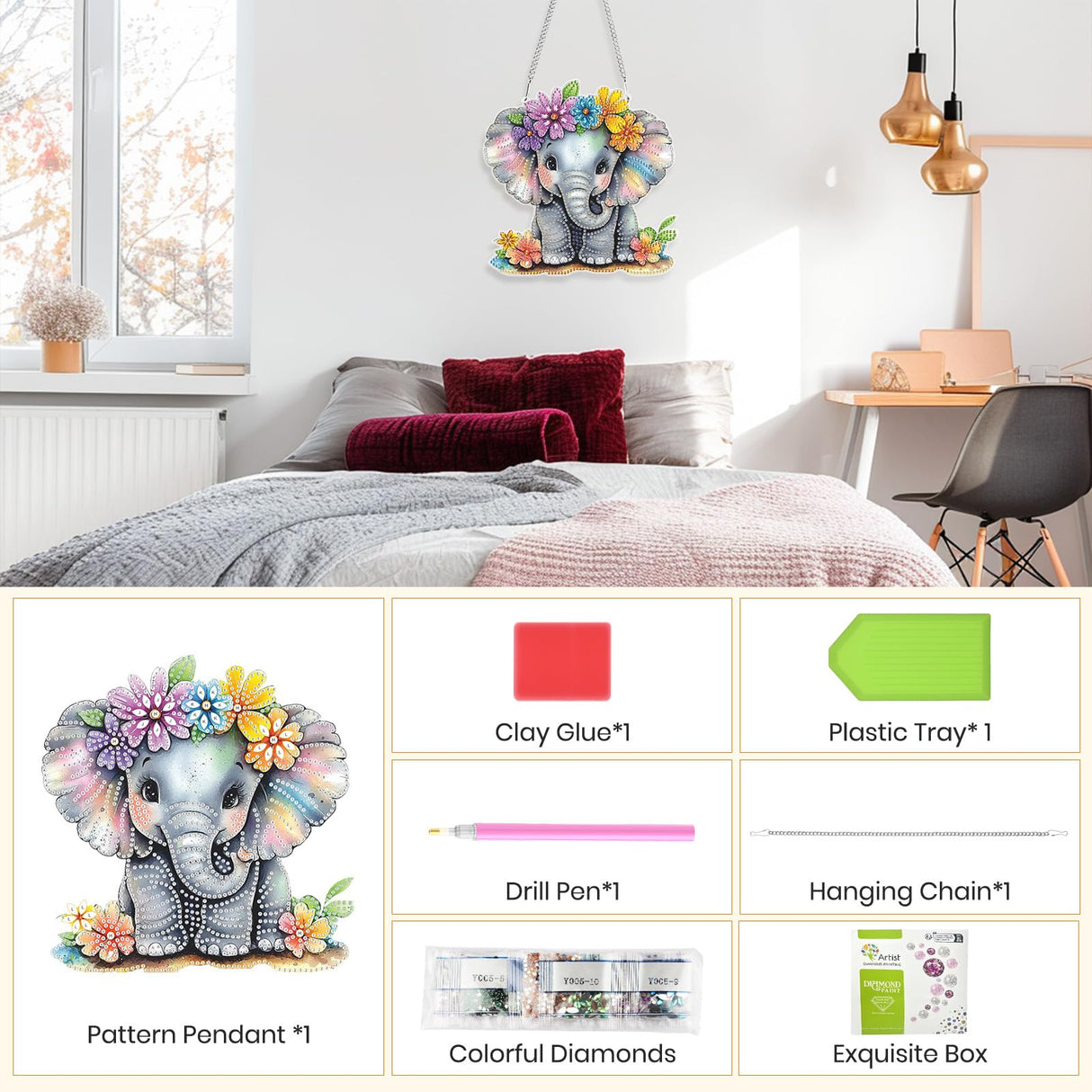 Hanging Diamond Art Kits for Adults Beginners, Elephant Flower Diamond Painting Pendant Kit, DIY Acrylic 5D Special Shaped Crystal Diamond Gem Art Painting Hanging Ornament for Home Wall Decor Genius maker