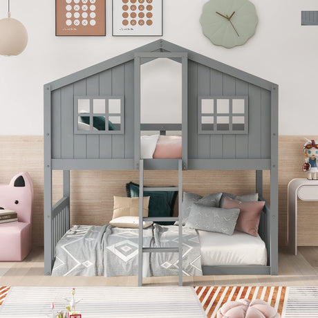 Harper & Bright Designs House Bunk Beds, Twin Over Twin Bunk Bed with Roof, Ladder and Windows, Floor Bunk Bed, Low Bunk Loft Bed for Kids Teens Boys & Girls, Gray Harper & Bright Designs