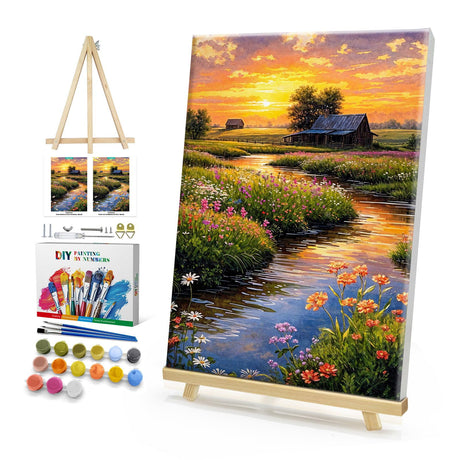 HeeBenor Framed Paint by Numbers Kit for Adults, Sunset Landscape Paint by Number with Easel, DIY Flowers Landscape Oil Painting Kit, Adult Paint by Number Kits Framed Canvas for Home Decor 8x12 Inch HeeBenor
