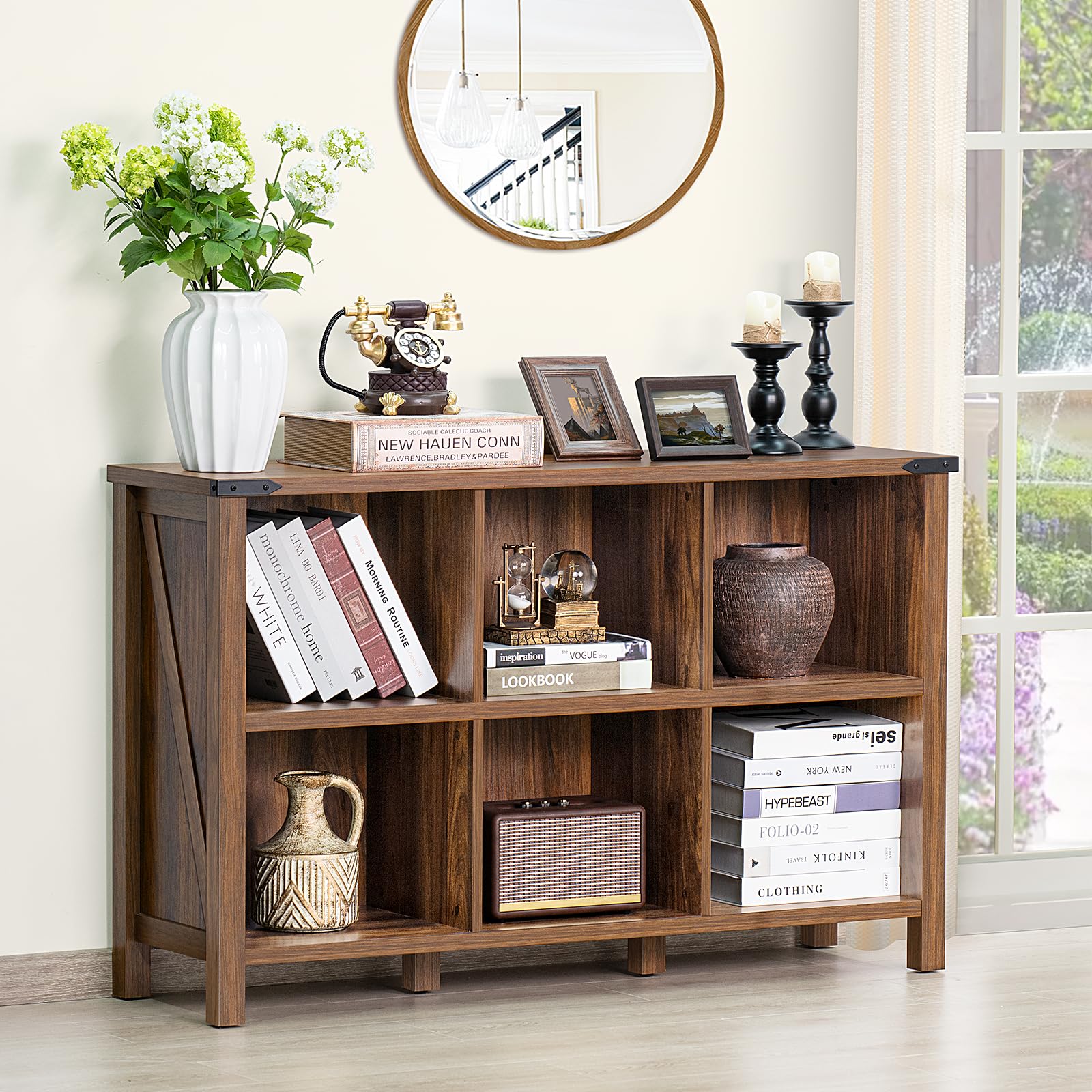 Joaxswe Rustic 6 Cube Wood Bookshelf – 3 Tier Brown Walnut Storage Organizer with Legs - WoodArtSupply