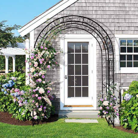 Outvita 7FT Garden Arch Arbor, Heavy Duty Metal Arbour Archway, Decorative Frame Stand Trellis with 7 Inch Ground Stakes for Wedding Ceremony Party Plant Climbing Rose Vines Lawn Courtyard Patio Black Outvita