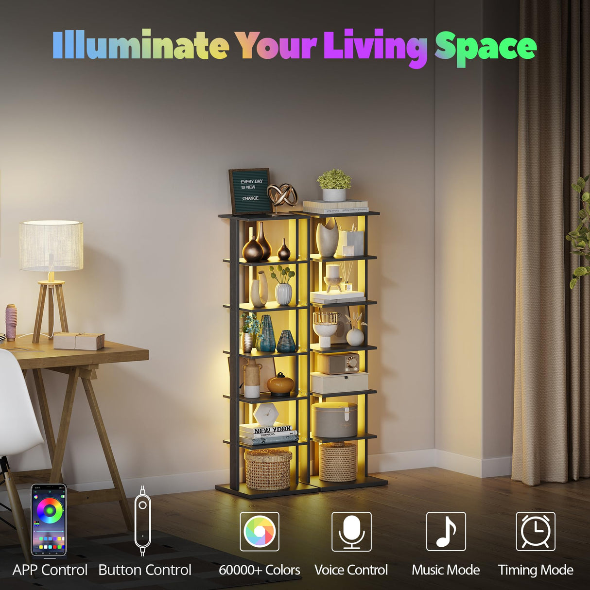 GLANZALANT 7-Tier Bookshelf, Narrow Bookcase with LED Lights, 47.2 Inch Book Shelf for Small Space, Display Storage Shelf for Living Room, Bedroom, Home Office, Study, Black GLANZALANT
