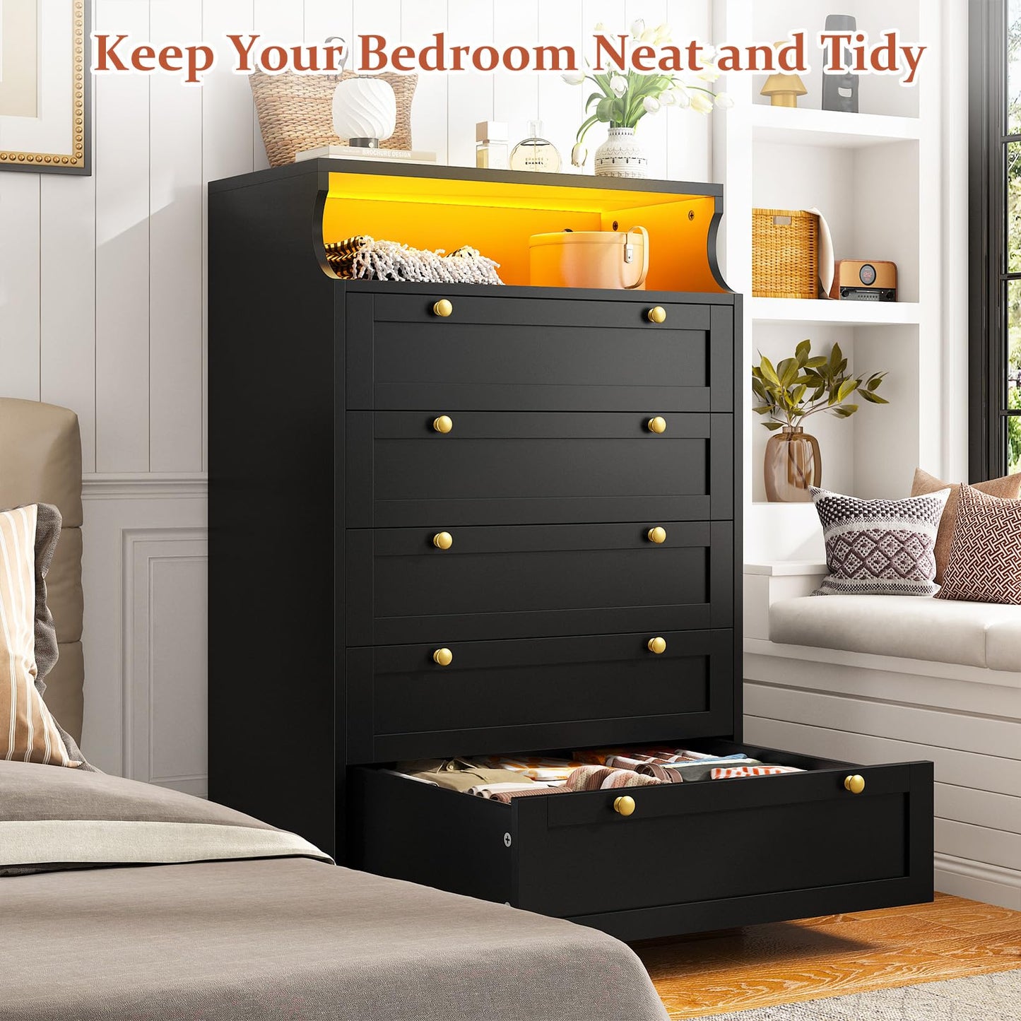 EnHomee Dresser, Black Dresser with LED, Bedroom Dressers & Chests of Drawers, Tall Dresser with 5 Wood Drawers, Black Dresser for Bedroom, 5 Drawer Dresser, Tall Dressers for Bedroom