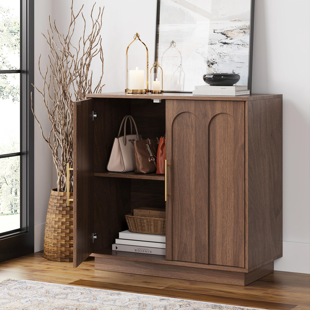 FORTUNETEC Sideboard Buffet Cabinet with Storage, Mid Century Modern Accent Cabinet with Arched Doors, Modular Media Console, Minimalist Credenza for Living Room Kitchen Dining Room Entryway, Walnut FORTUNETEC