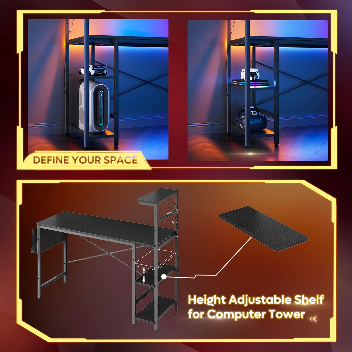 Bestier Gaming Desk with LED Lights, 51.3 Inch Computer Desk with 4 Tiers Reversible Shelves, Home Office Writing Desk with Side Storage Bag, Hooks and Height Adjustable Shelf (Black Grained) Bestier