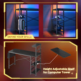 Bestier Gaming Desk with LED Lights, 51.3 Inch Computer Desk with 4 Tiers Reversible Shelves, Home Office Writing Desk with Side Storage Bag, Hooks and Height Adjustable Shelf (Black Grained) Bestier