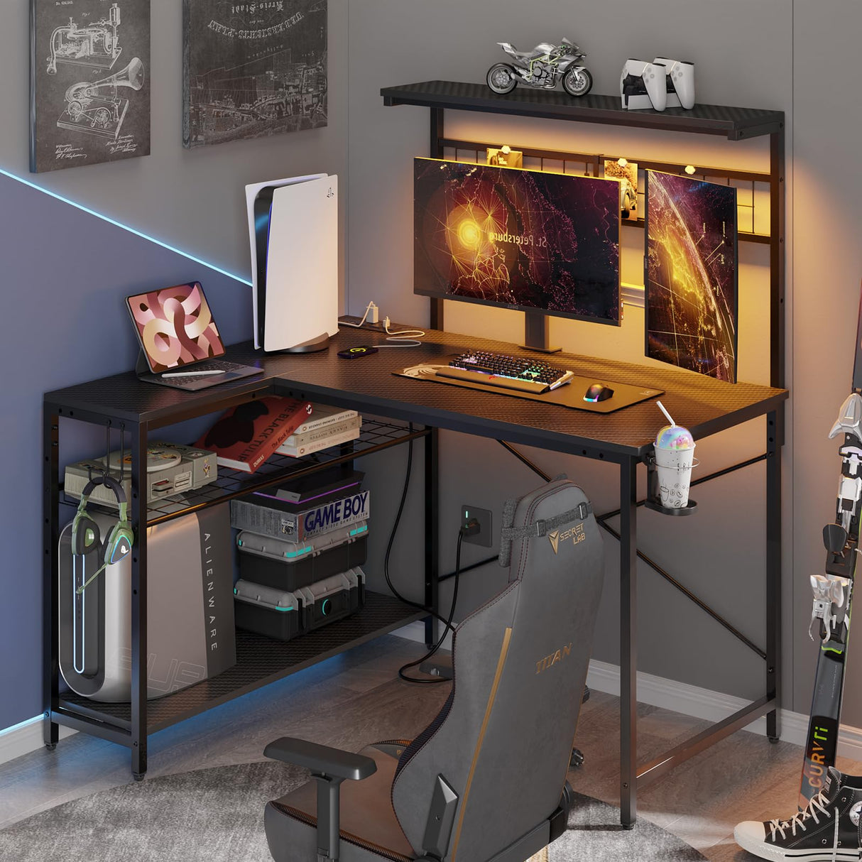 Bestier Gaming Desk with Power Outlets,42 Computer Desk with LED Lights, Reversible Corner Desk with 4-Tier Shelves,Cup Holder & Hook for Home Office,Carbon Fiber Black Bestier