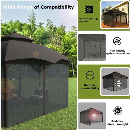 10x12ft Gazebo Universal Mosquito Netting Replacement, Outdoor Canopy Netting Wall Screen with Two-Sided Zippers, Mesh Netting 4-Panel Screen Sidewall Curtain for Most 10' x 12' Gazebo (Black)