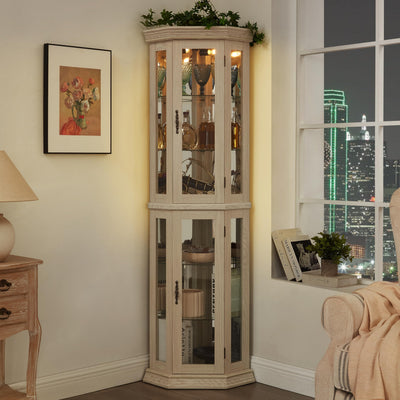 Makaseiya 70" Lighted Corner Curio Cabinet,Inside Mirror Corner Glass Display Case with Tempered Glass Door for Living Room, Antique Collectibles, Wine & Bar Glass Storage, Lights Included