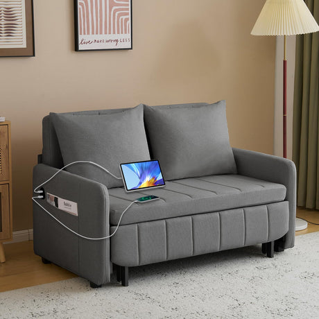 RIHEREFY 3 in 1 Convertible Sofa Bed for Small Place, Pull Out Couch Bed with Side Pocket, Loveseat Sleeper Couch Bed with USB& Type C for Living Room, Bedroom, Home Office (Grey) RIHEREFY