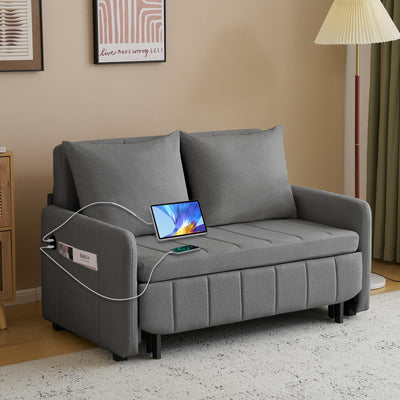 RIHEREFY 3 in 1 Convertible Sofa Bed for Small Place, Pull Out Couch Bed with Side Pocket, Loveseat Sleeper Couch Bed with USB& Type C for Living Room, Bedroom, Home Office (Grey)
