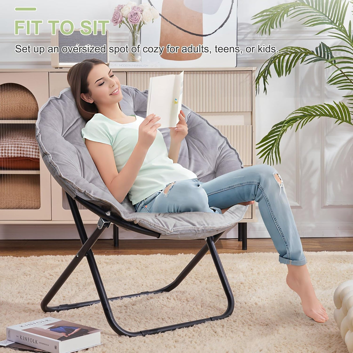 VECELO Saucer Chair for Adults, Folding Moon Chair with Metal Frame, Faux Fur for Bedroom, Living Room, Dorm Room, Apartment, Grey VECELO
