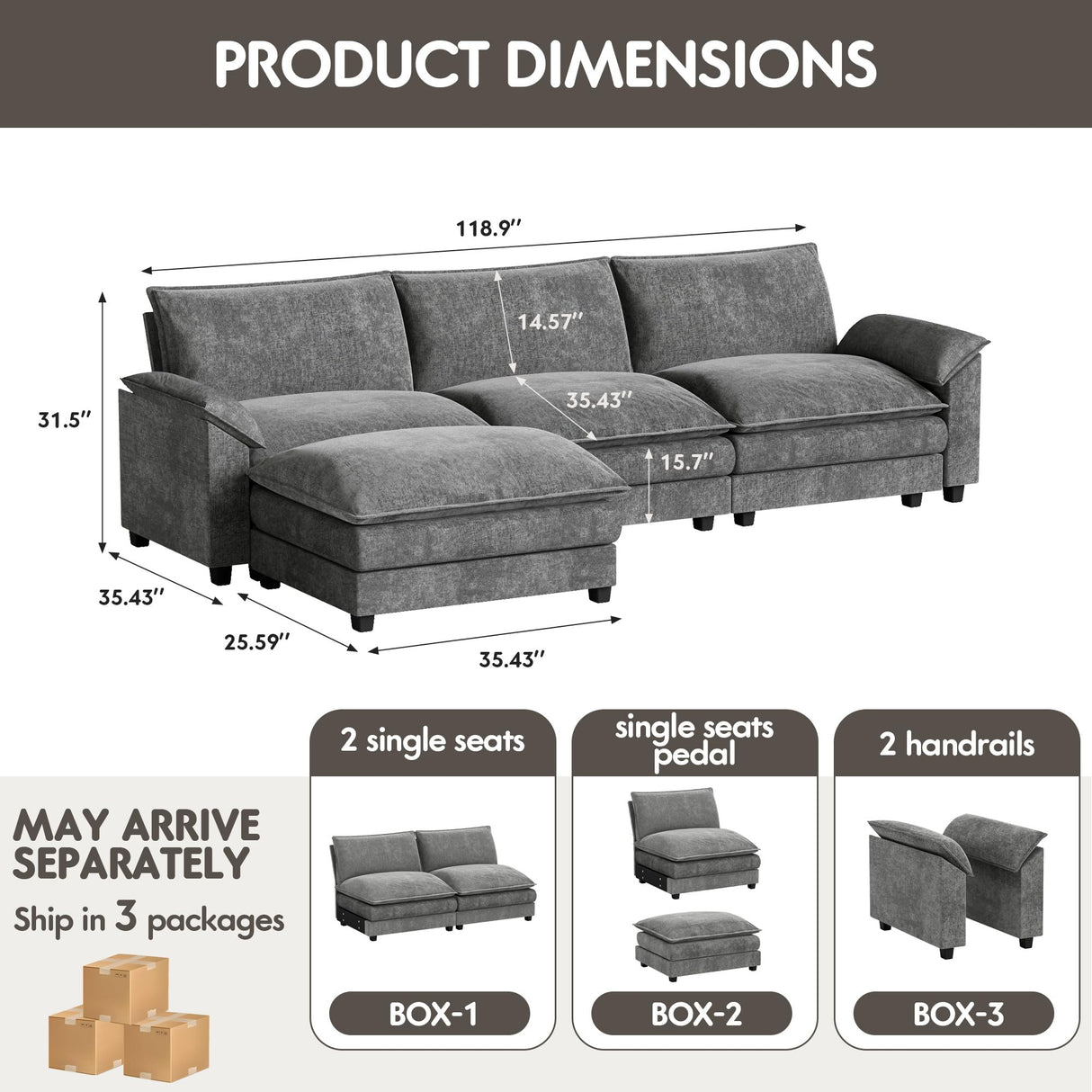 Homall 119" Modular Sectional Sofa, L Shaped Sofa Couch with Reversible Ottoman, DIY Combination Chenille Deep 3-Seat Cloud Couch for Living Room, Apartment (L Shaped Sofa, Grey) Homall