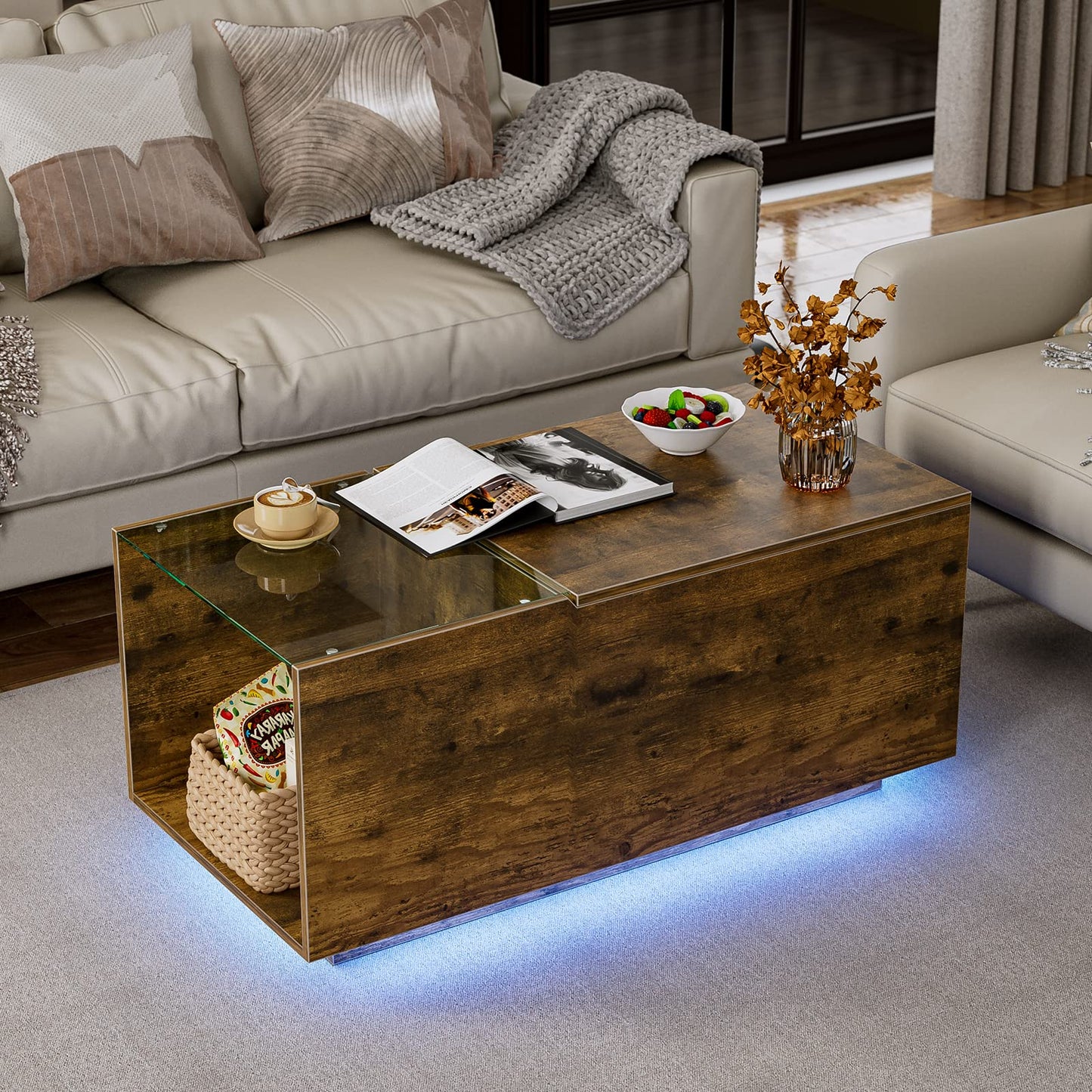 IKIFLY Lift Top Coffee Table with LED Lights & Charging Station, Rustic Brown Lifting Top Central Table with Glass Top Storage and Hidden Compartment for Living Room