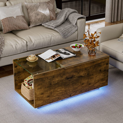 IKIFLY Lift Top Coffee Table with LED Lights & Charging Station, Rustic Brown Lifting Top Central Table with Glass Top Storage and Hidden Compartment for Living Room