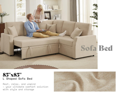 AMERLIFE 85 Inch Sofa Bed, Oversized L Shape Couch with Pull Out Bed & Storage Seat, Oversized Reversible Sleeper Sofa for Living Room Apartment, Beige Linen Couch AMERLIFE