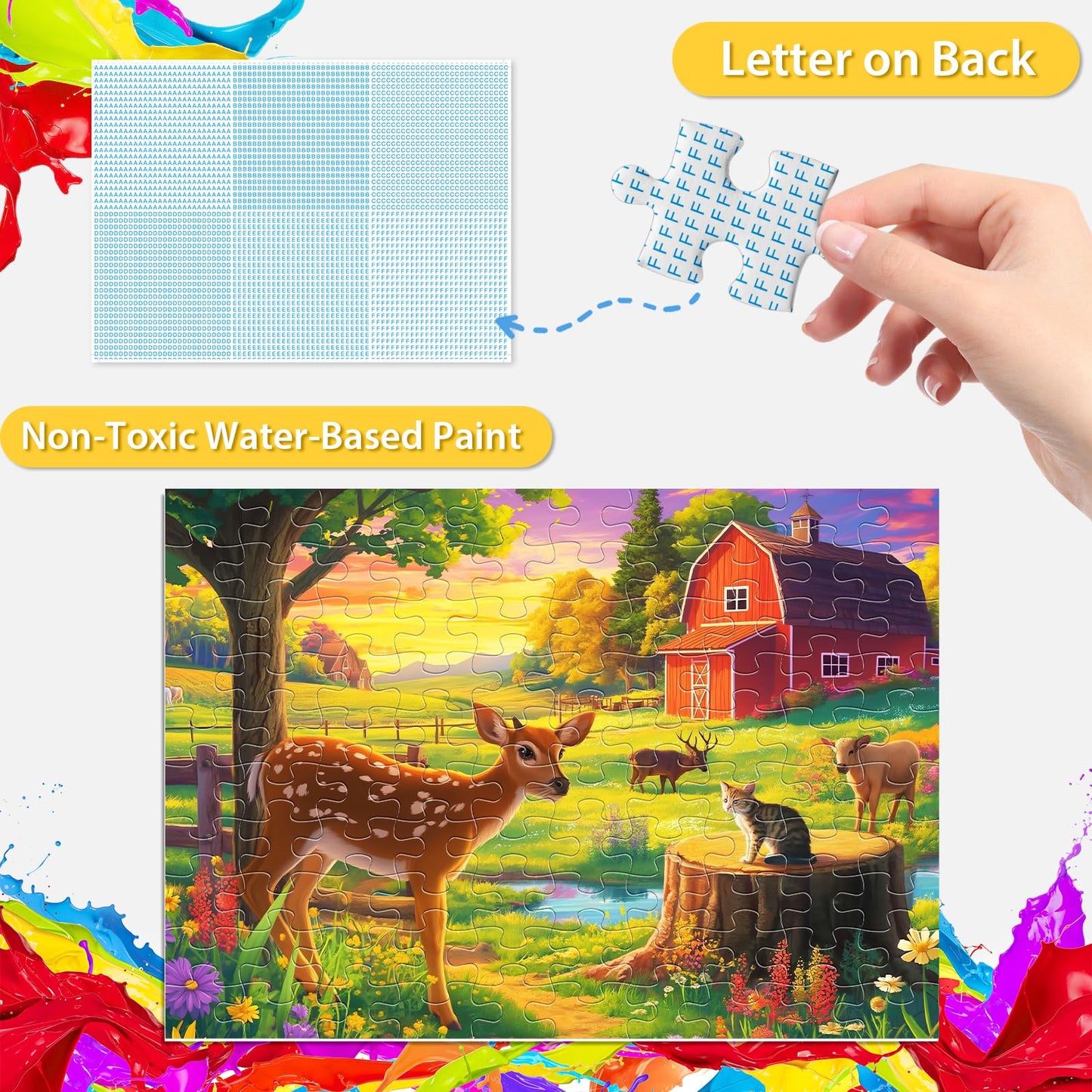 100 Pieces Jigsaw Puzzles for Kids - Deer Cat Farm Puzzles for Kids Ages 4-6 6-8 8-10 10-12 Kids Learning Educational Puzzle Toys for Boys and Girls - Farm Kitten and Cow