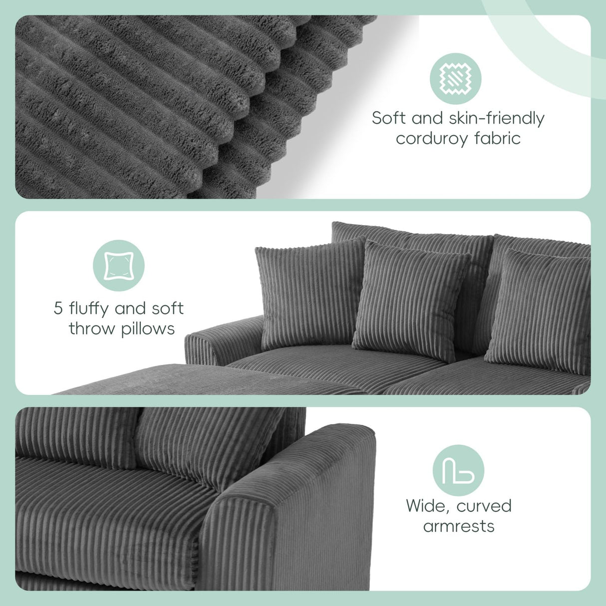 Merax 114 * 64" Corduroy Sectional Couches with Bluetooth Speakers, Storage, Ottoman & Pillows, Upholstered Modular Sofa Chaise with Console, USB Charger, Cup Holders for Living Room Apartment, Grey Merax