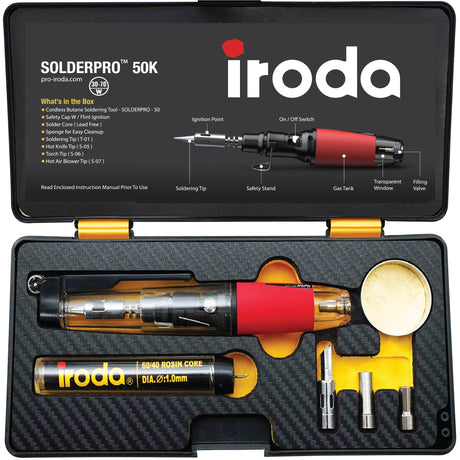 IRODA SOLDERPRO 50K Portable Butane Soldering Iron Kit | 4-in-1 Cordless Soldering Iron & Heat Gun | Rapid 18s Heat Up, 30-70W Power | Ideal for Electrical, DIY & Crafts Iroda