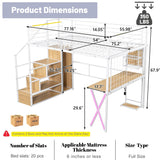 MoproBeti Full Size Loft Bed with Desk and Storage Stairs,Metal Gaming Loft Bed Full with LED Lighting, High Loft Bed with Wardrobe and Shelves for Boys,Girls,Teens, Adults,White MoproBeti