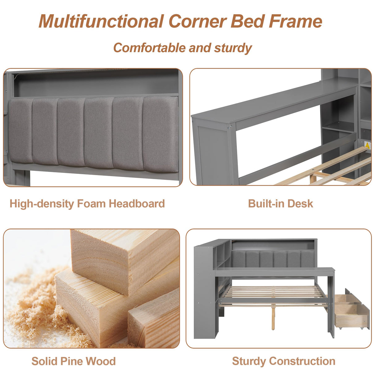 Full Size Corner Bed Frame with Storage Drawers and Desk,Captain Daybed with L-Shaped Bookcase and LED Lights,Corner Bed Full Size with Charging Station for Kids,Teens,Adults,Gray Bellemave