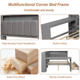 Full Size Corner Bed Frame with Storage Drawers and Desk,Captain Daybed with L-Shaped Bookcase and LED Lights,Corner Bed Full Size with Charging Station for Kids,Teens,Adults,Gray Bellemave
