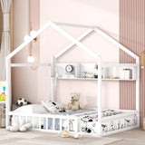 Bellemave Wooden Montessori Full Size House Bed with Fence Railings and Storage Shelf in White Bellemave