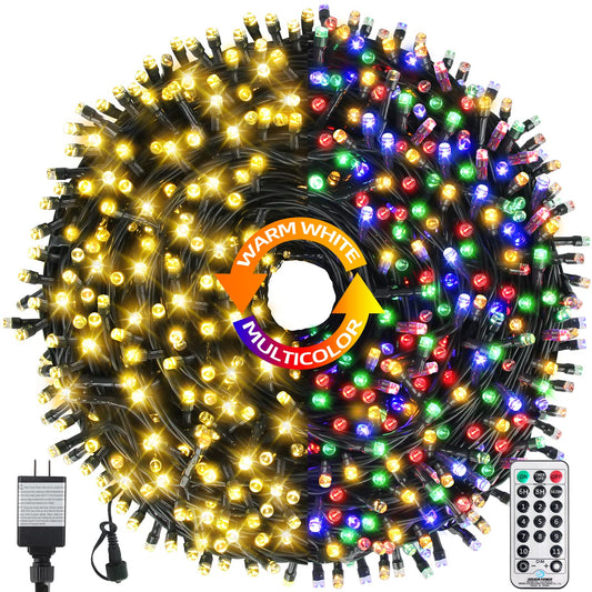 MZD8391 170FT 500 LED Christmas Lights Outdoor Indoor, Waterproof Color Changing Christmas Tree Lights for Christmas Decorations with Timer, Memory [11 Lighting Modes] (Warm White+Mulitcolor)