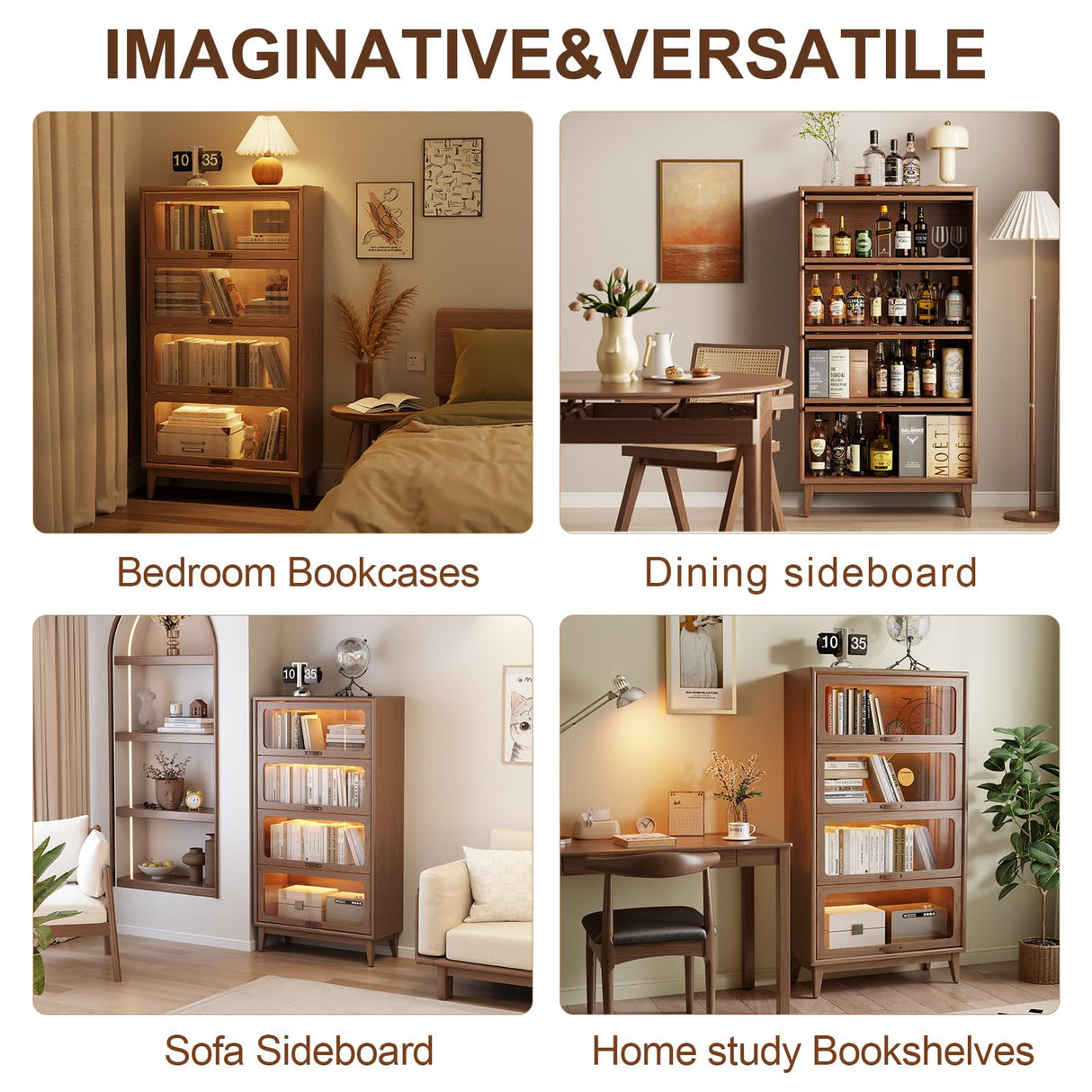 Solid Wood Bookcase 4 Tier With Tempered Glass Doors 60 Inch, Kitchen Pantry Display Cabinet, Brown Finish Cube Storage Organizer, Bookshelf Versatile Storage With For Home Office(No Light Strip) AQIMUELE