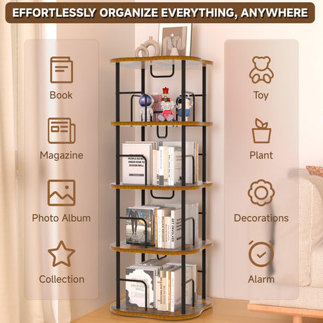 TEROL 4-Tier Rotating Book Shelf, 360° Display Spinning Bookshelf Tower, Book Organizer, Floor Standing Bookcases for Small Space, Corner Book Shelf for Bedroom, Living Room, Study Room (RUSTIC BROWN) TEROL