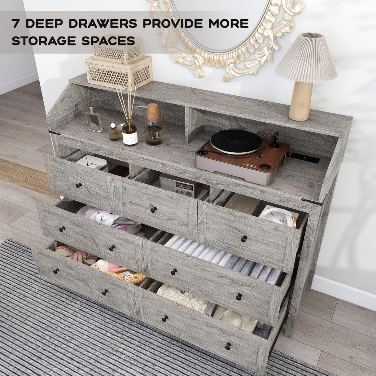 GlouMod LED Dresser with Charging Station, 7 Drawer Dressers & Chest of Drawers, Wooden Chest of Drawers for Bedroom, Closet Dresser Organizer, TV Stand, Rustic Grey GlouMod