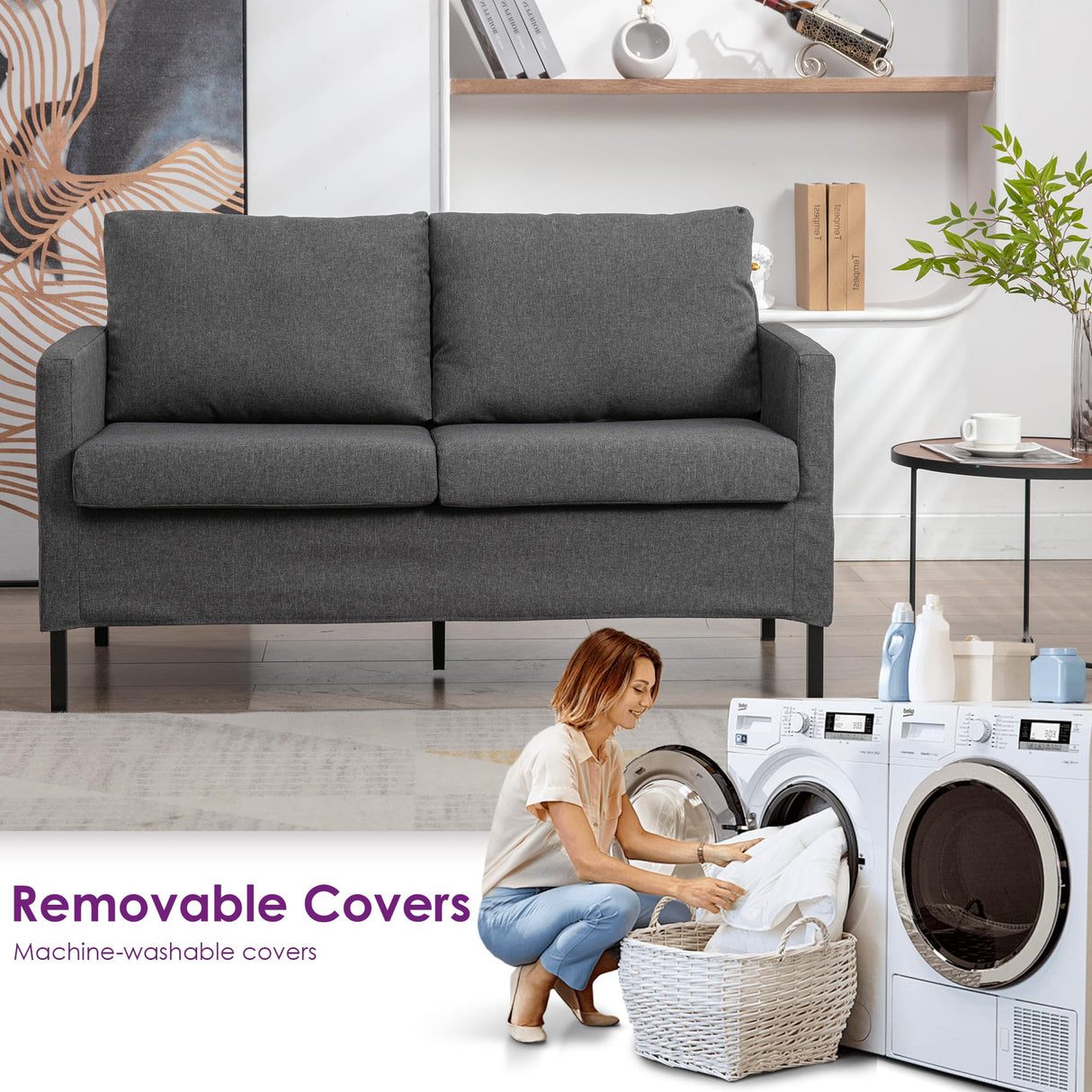 TYBOATLE Linen Fabric Modern Small Loveseat Sofa Couch for Living Room, 51" W Little Upholstered 2-Seater Mini Love Seats w/Iron Legs for Small Space, Apartment, Bedroom, Dorm, Office (Dark Grey) TYBOATLE