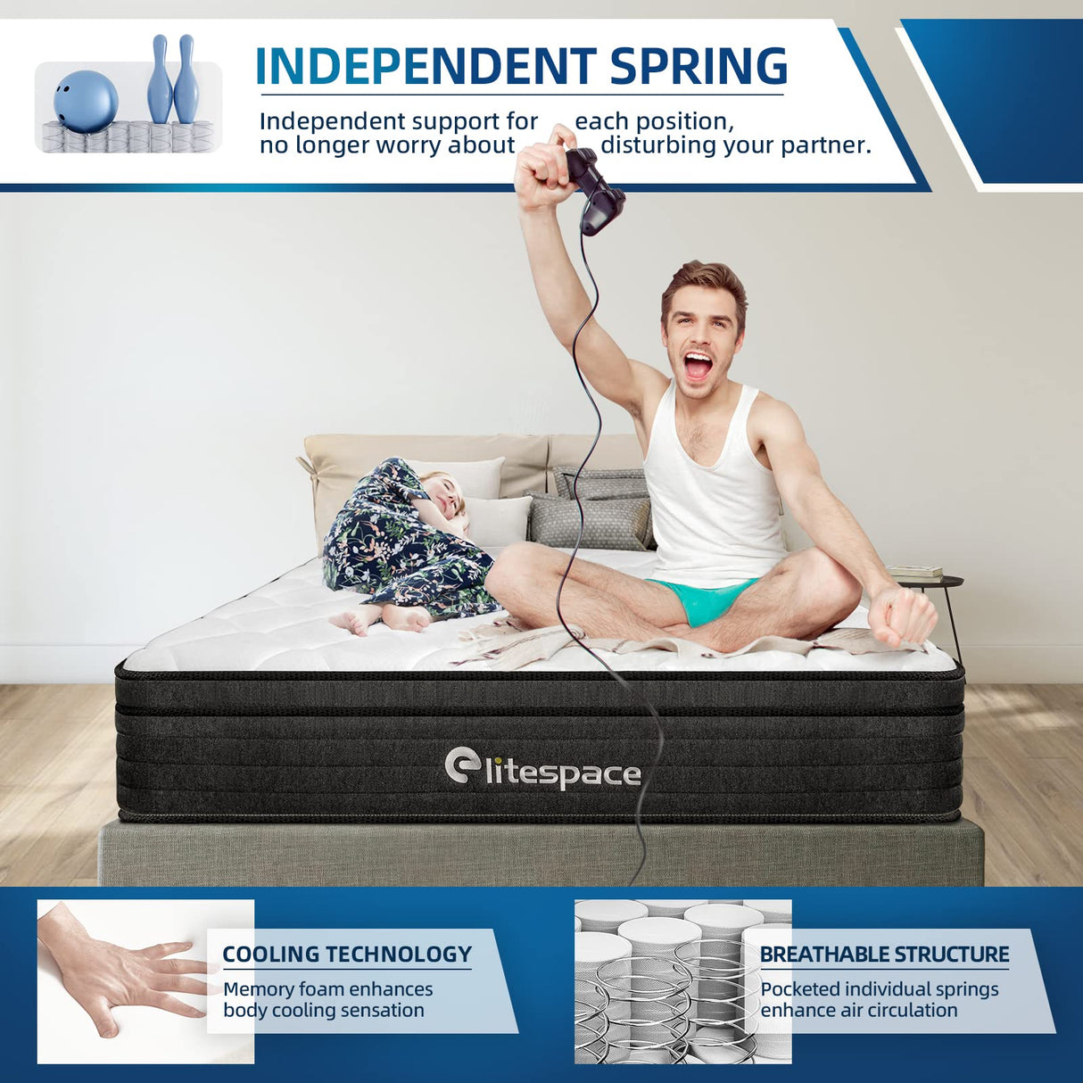 elitespace Queen Mattress,12 Inch Memory Foam Hybrid Mattresses in a Box with Individual Pocket Spring,for Pressure Relief & Motion Isolation Queen Size Mattress,CertiPUR-US. elitespace