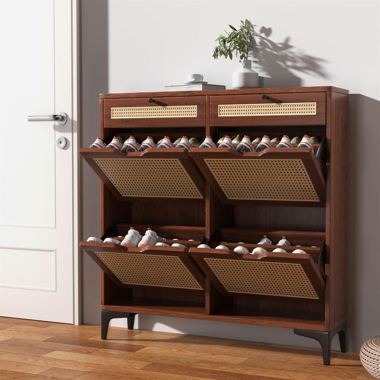 Algglobuy Rattan Shoe Storage Cabinet with 4 Flip Drawers for Entryway, Slim Narrow Shoe Organizer Cabinet with 2 Top Drawers, Dark Brown Algglobuy