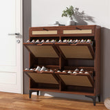 Algglobuy Rattan Shoe Storage Cabinet with 4 Flip Drawers for Entryway, Slim Narrow Shoe Organizer Cabinet with 2 Top Drawers, Dark Brown Algglobuy