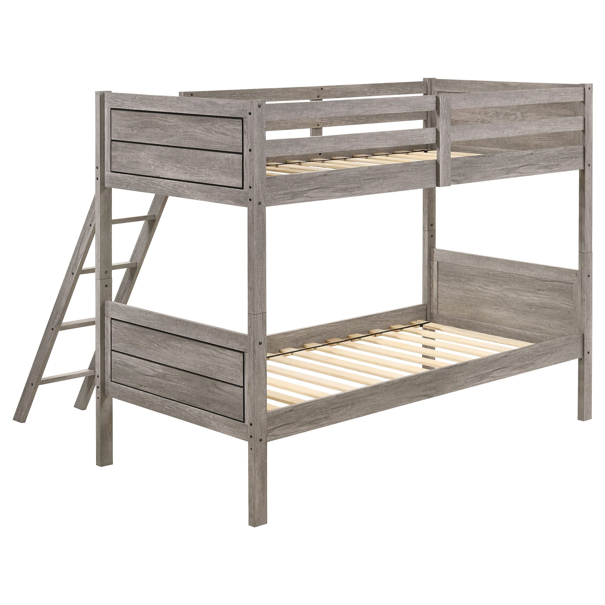 Ryder Twin Over Twin Solid Wood Bunk Bed in Weathered Taupe with Guardrail & Ladder by Coaster Home Furnishings - WoodArtSupply