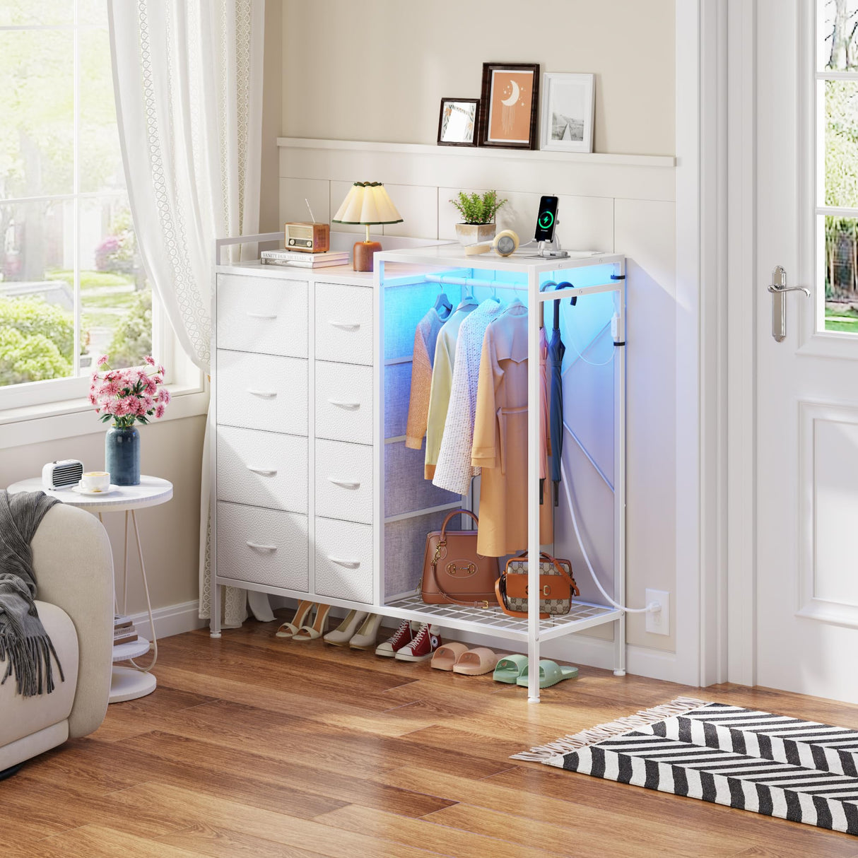 HIGDBFE 8-Drawer Dresser with Hanging Rack, Fabric Dresser with Charging Station & LED Lights, 42" W Dressers with Wooden Top for Clothes Storage, Fabric Chest of Drawers for Bedroom, White HIGDBFE