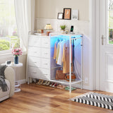 HIGDBFE 8-Drawer Dresser with Hanging Rack, Fabric Dresser with Charging Station & LED Lights, 42" W Dressers with Wooden Top for Clothes Storage, Fabric Chest of Drawers for Bedroom, White HIGDBFE